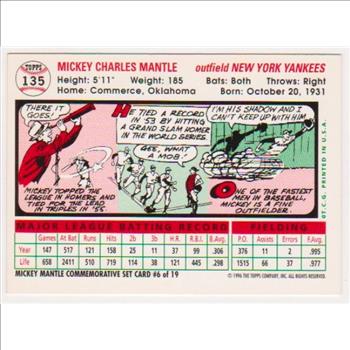Mickey Mantle 1956 Topps #135 Commemorative Card - 1996 Topps #6 of 19 Insert Card