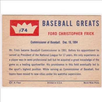 1960 Fleer Ford Frick #74 Card - HOF'er