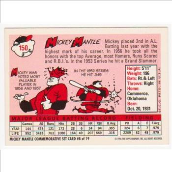 Mickey Mantle 1958 Topps #150 Commemorative Card - 1996 Topps #8 of 19 Insert Card
