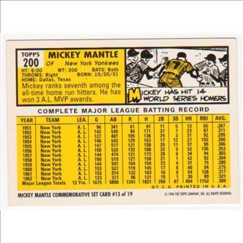 Mickey Mantle 1963 Topps #200 Commemorative Card - 1996 Topps #13 of 19 Insert Card