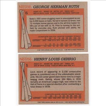 1987 Topps Nestle Babe Ruth #5 + Lou Gehrig #1 Card Pair - HOF'ers