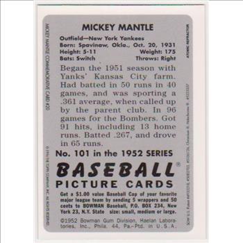Atomic Refractor - MICKEY MANTLE 1952 Bowman #20 Commemorative Insert Card