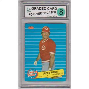 Labeled Near Mint 8 - Pete Rose 1986 Fleer Future Hall Of Famer #1 Card