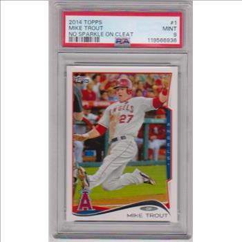 Graded PSA Mint 9 - Mike Trout 2014 Topps No Sparkle On Cleat #1 Card