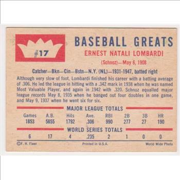1960 Fleer Ernie Lombardi #17 Card - HOF'er