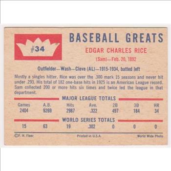 1960 Fleer Sam Rice #34 Card - HOF'er