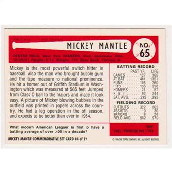 Mickey Mantle 1954 Bowman #65 Commemorative Card - 1996 Topps #4 of 19 Insert Card