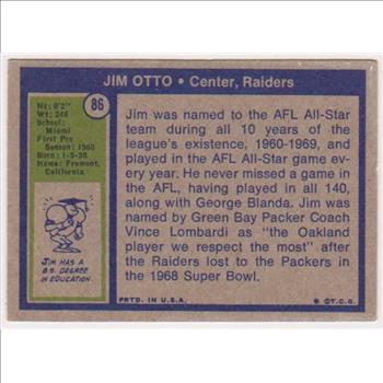 1972 Topps Jim Otto #86 Card - HOF'er