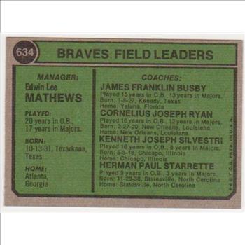 1974 Topps Eddie Mathews #634 Card - HOF'er