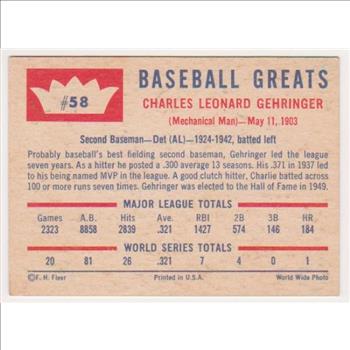 1960 Fleer Charlie Gehringer #58 Card - HOF'er