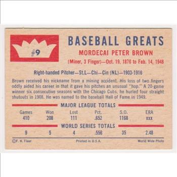 1960 Fleer Mordecai Brown #9 Card - HOF'er