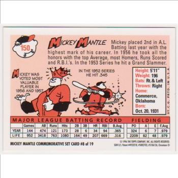 Mickey Mantle 1958 Topps Finest #150 Commemorative Card - 1996 Topps #8 of 19 Insert Card