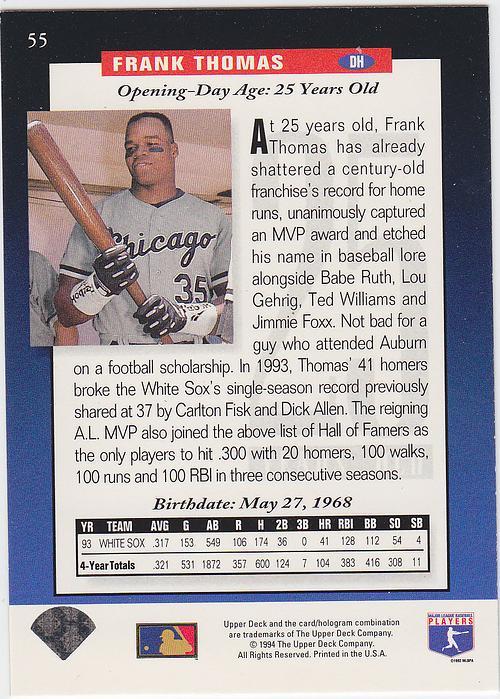 1994 Upper Deck 55 Frank Thomas Baseball Card Hall Of Famer