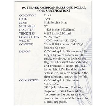 Tough Date 1994-P Deep Cameo Proof Silver American Eagle in Original Mint Packaging w COA