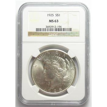 Brilliant Uncirculated NGC Slabbed MS-63 1925 Silver Peace Dollar