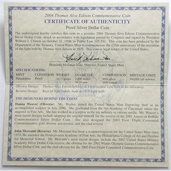 2004-P Deep Cameo Proof Thomas Edison U.S. Commemorative Silver Dollar in Original Mint Packaging with COA