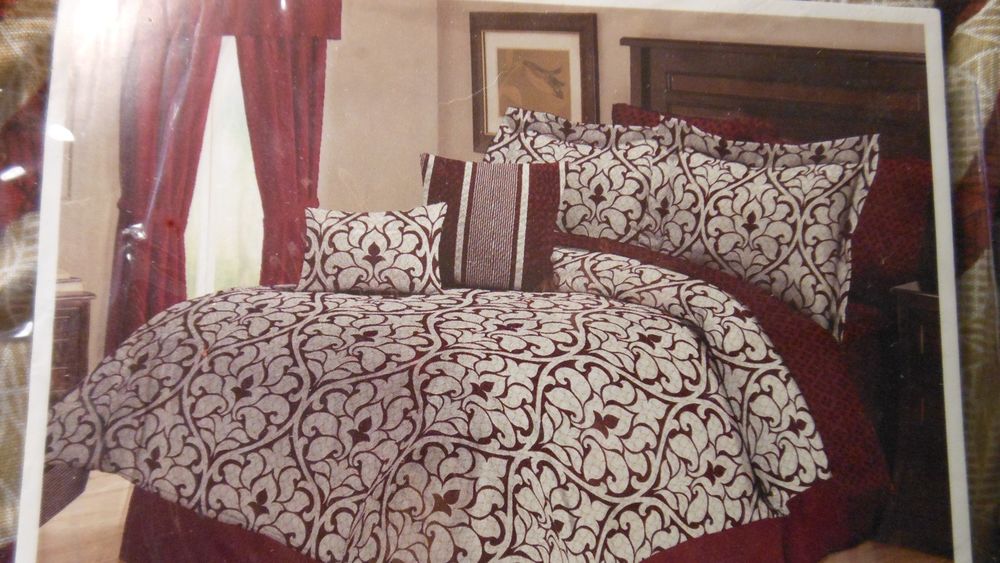 Jessica Sanders Edessa 10pc Queen Burgundy/Tan Comforter Set Bedding
