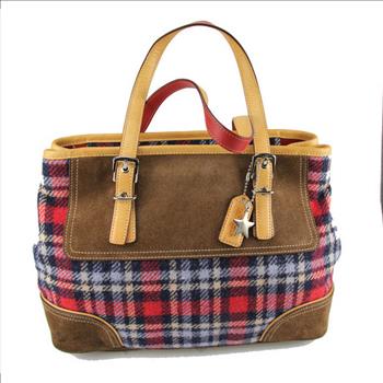 COACH Brown Tartan Wool Plaid Suede Purse Handbag Tote #9521