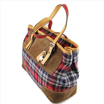 COACH Brown Tartan Wool Plaid Suede Purse Handbag Tote #9521
