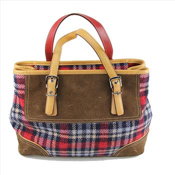 COACH Brown Tartan Wool Plaid Suede Purse Handbag Tote #9521