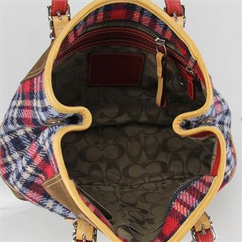 COACH Brown Tartan Wool Plaid Suede Purse Handbag Tote #9521