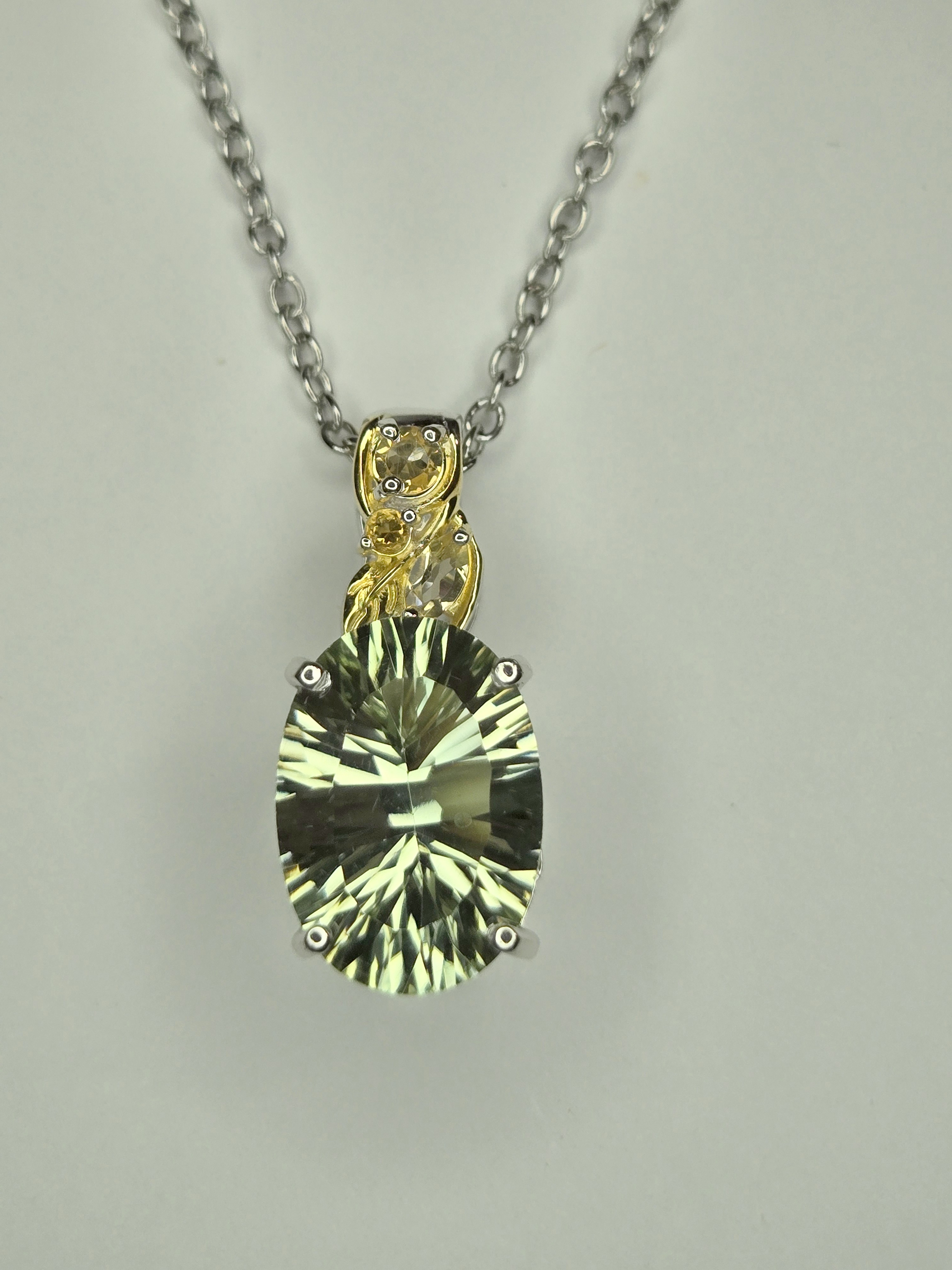 No Reserve Natural Green Amethyst Prasiolite & Citrine Pendant & Chain Necklace