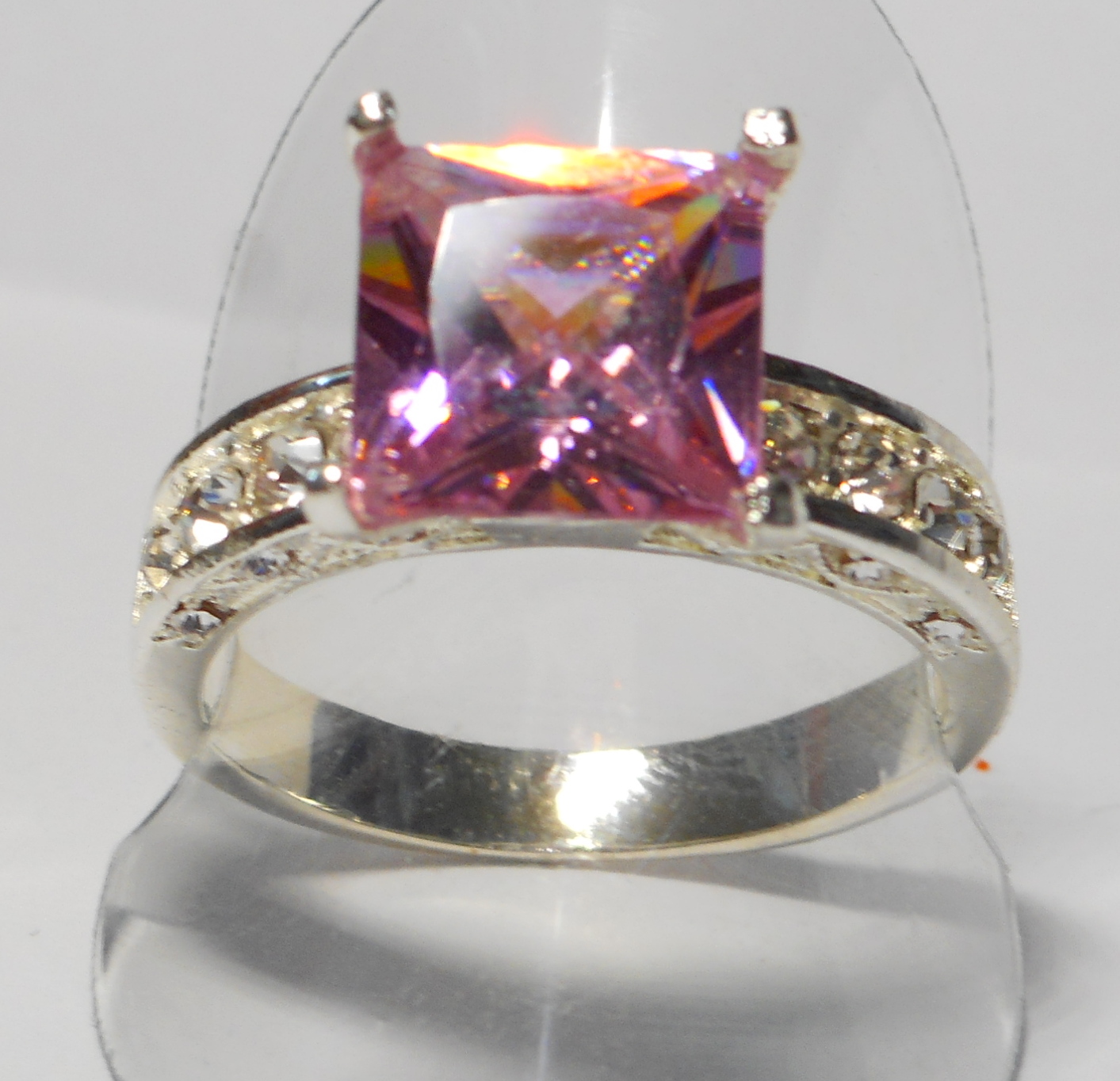 Pink & White Topaz Princess Cut Ring Size 9