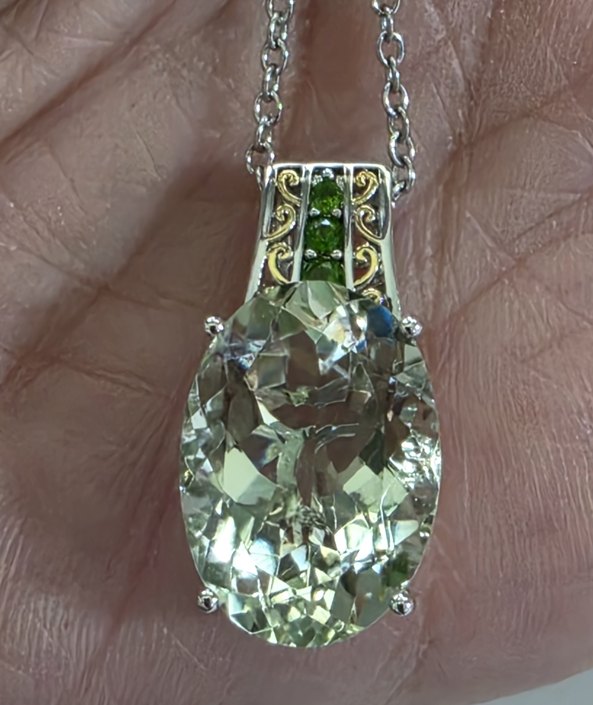 No Reserve Natural Green Amethyst & Chrome Diopside Pendant & Chain Necklace
