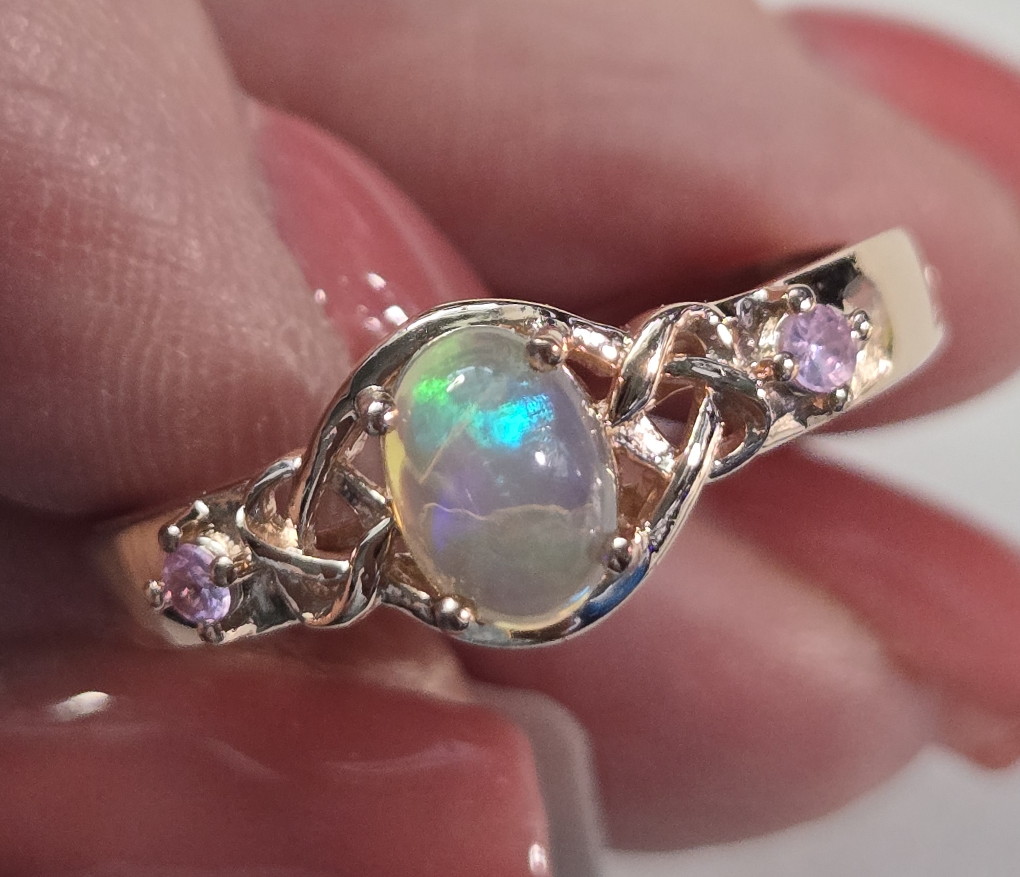 No Reserve Natural Opal & Pink Sapphire Ring Size 9