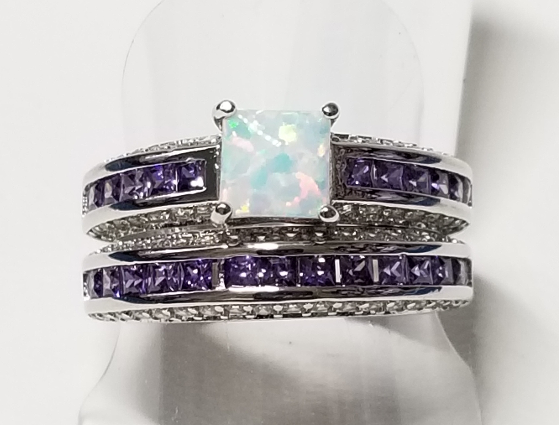 Brand New Opal Amethyst Wedding Engagement 2 Ring Set Size 8 Property Room