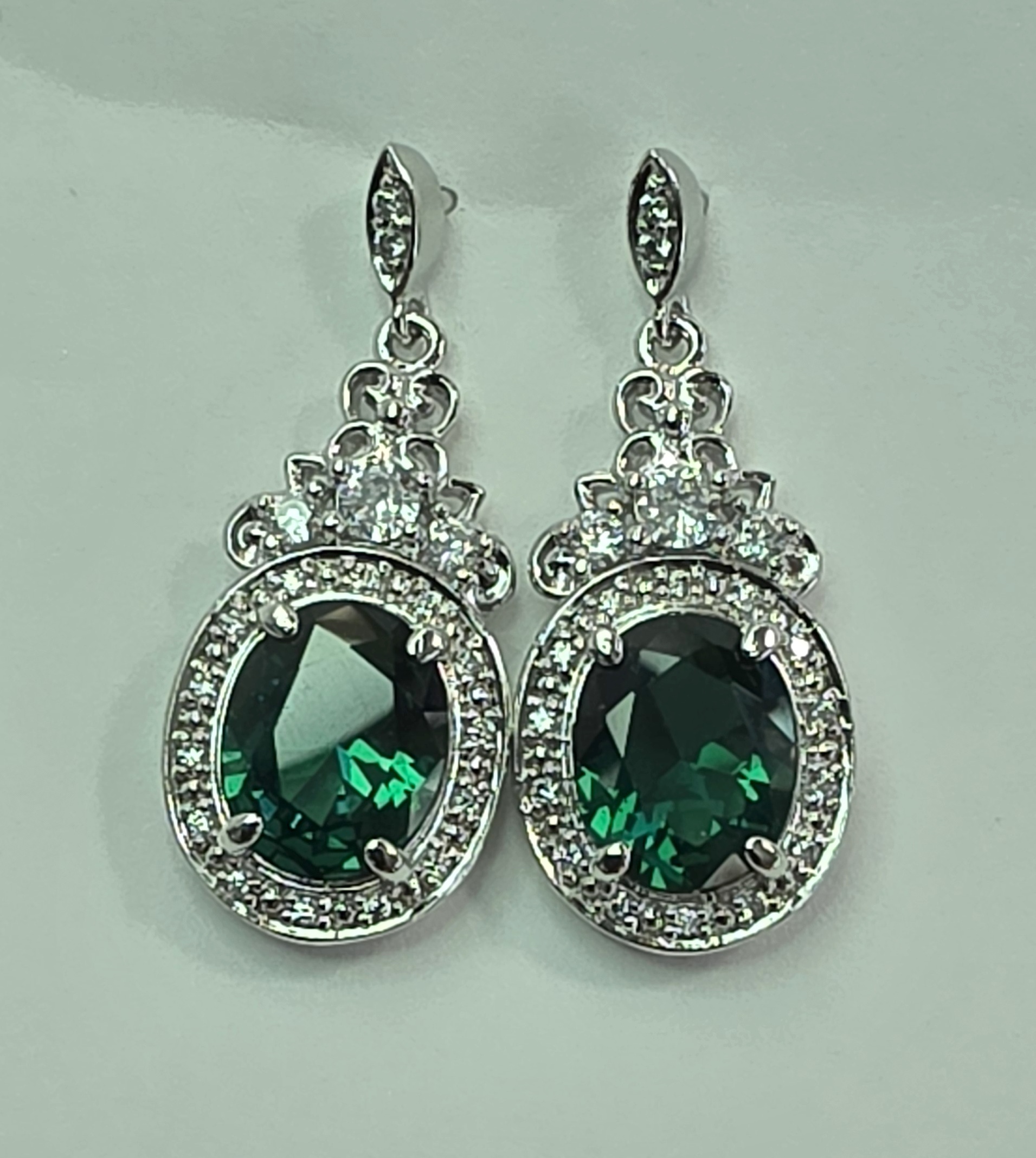 No Reserve Simulated Emerald & Diamond Dangle Earrings