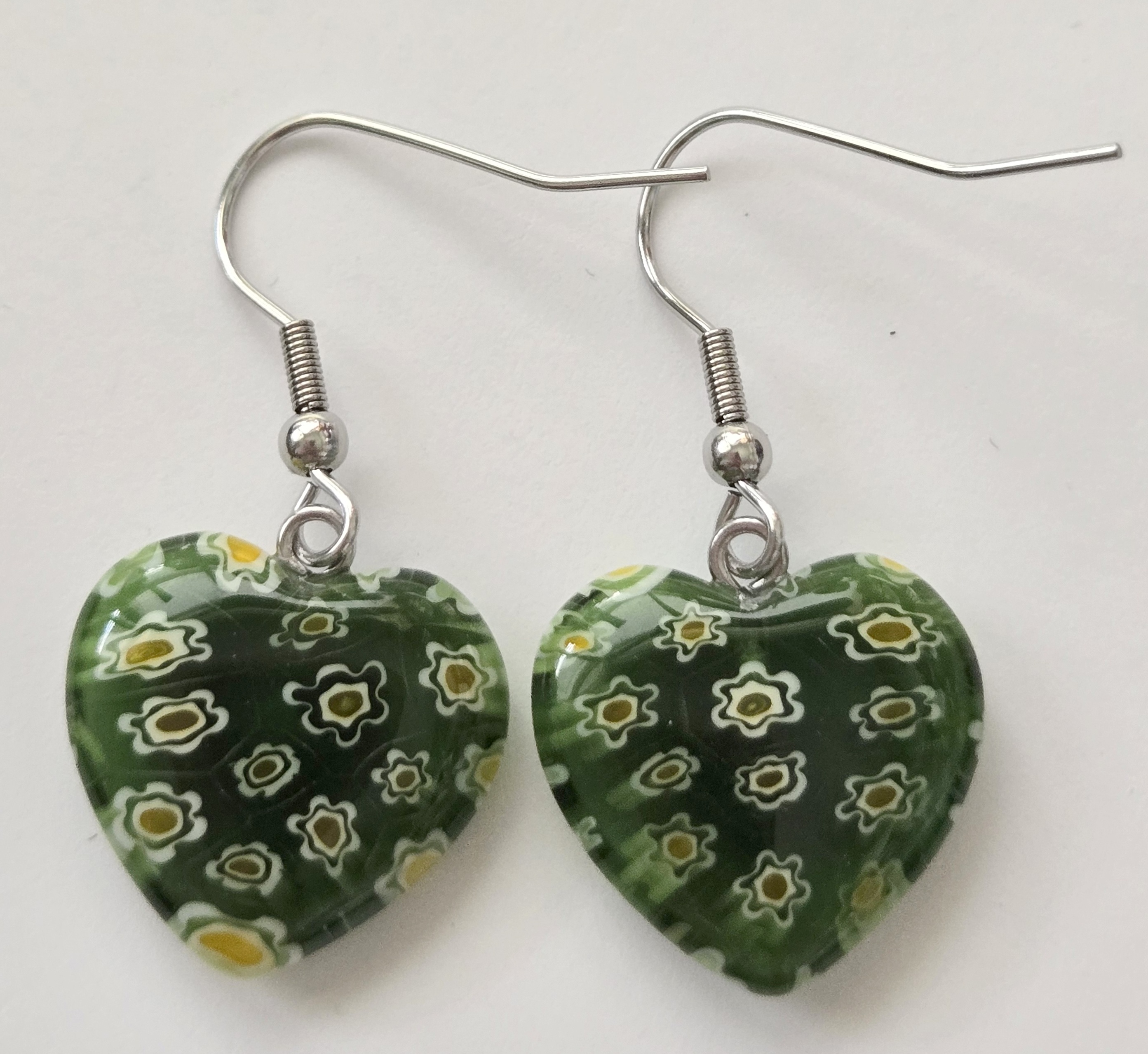 No Reserve Green Heart Millefiori Earrings