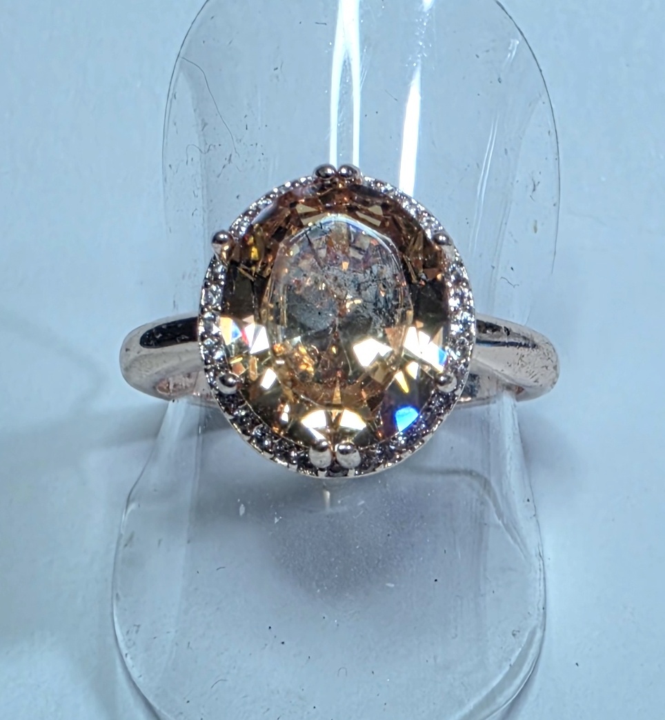 No Reserve Champagne & White Simulated Diamond Halo Ring Size 8