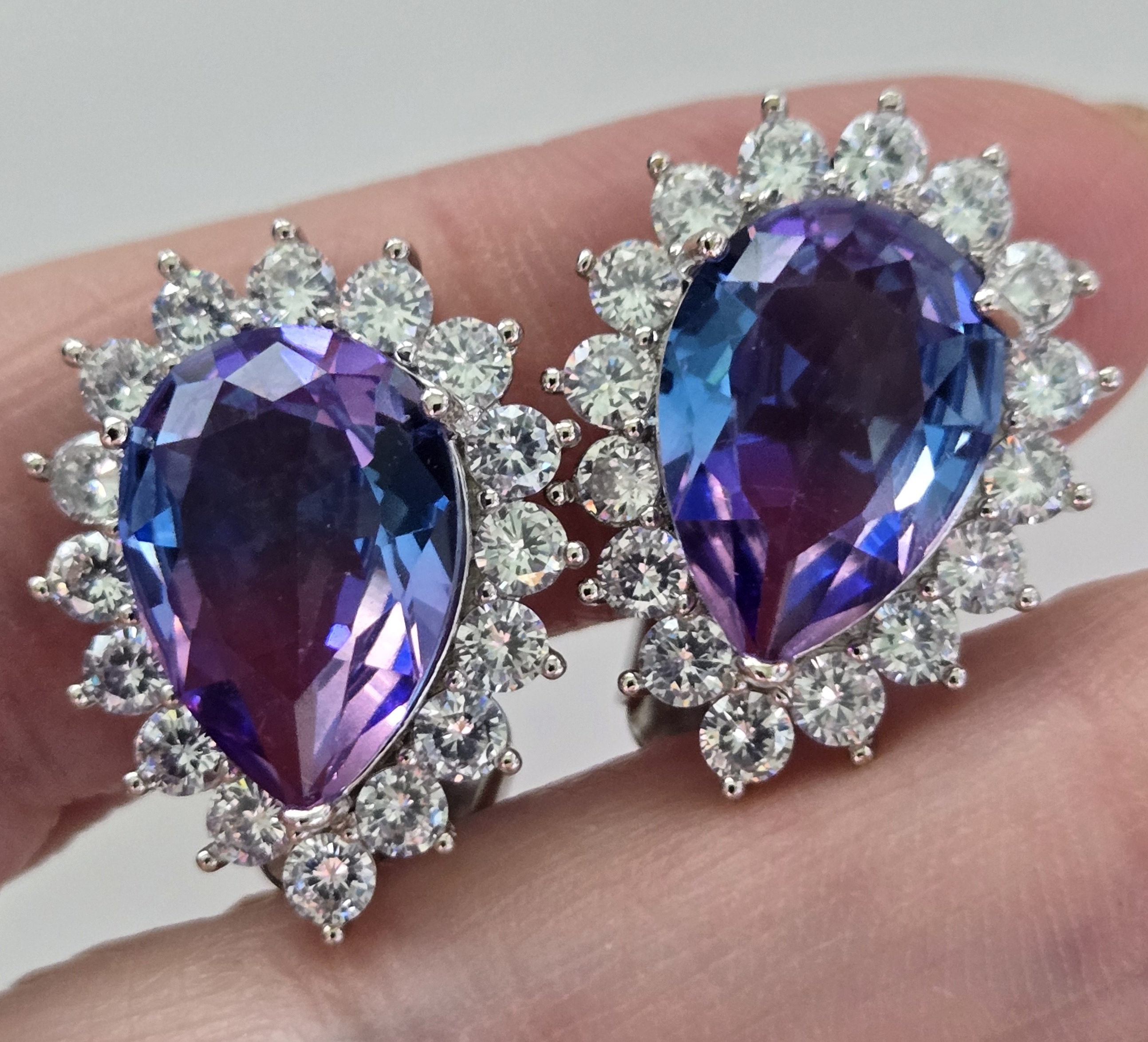  No Reserve Bi Color Quartz Blue & Pink Pear Cut Halo Earrings
