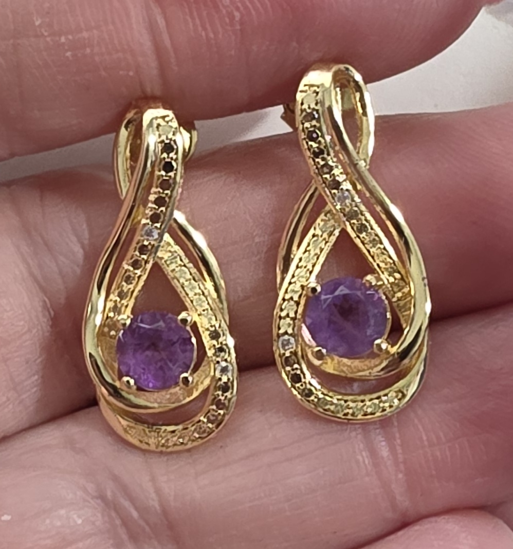 No Reserve Natural Amethyst & Diamond Earrings