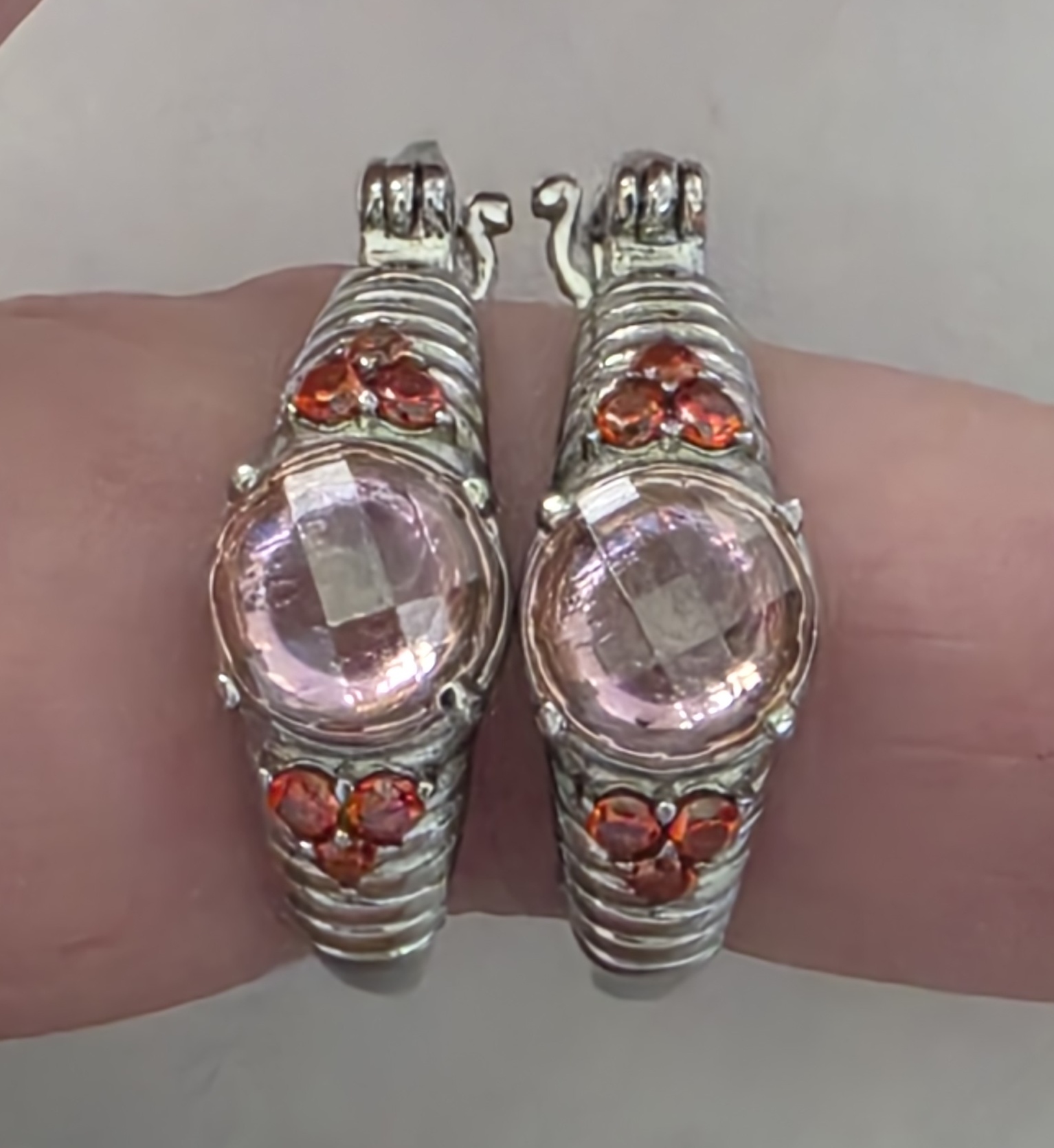 No Reserve Pink Topaz & Garnet Hoop Earrings