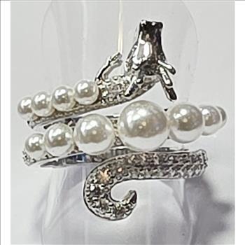 No Reserve  Pearl & Simulated Diamond Dragon Ring size 8