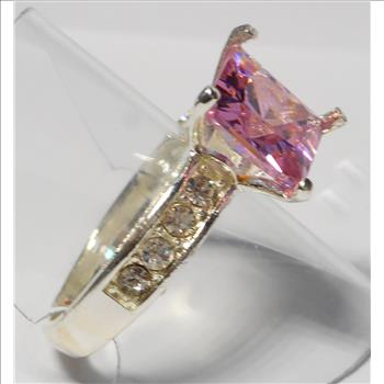 Pink & White Topaz Princess Cut Ring Size 9