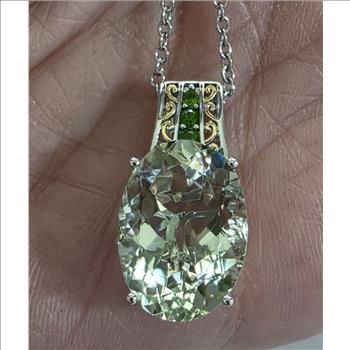 No Reserve Natural Green Amethyst & Chrome Diopside Pendant & Chain Necklace
