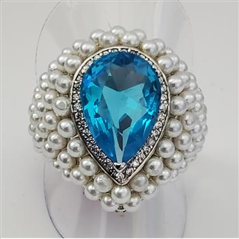 No Reserve Swiss Blue Topaz & Pearl Ring SIze 10 