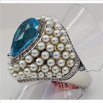No Reserve Swiss Blue Topaz & Pearl Ring SIze 10 