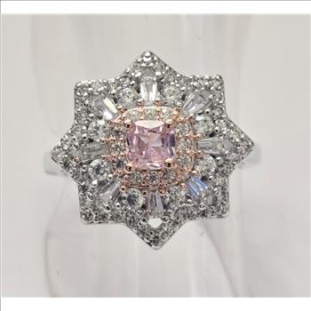 No Reserve Simulated Pink & White Diamond Cocktail Ring Size 7 