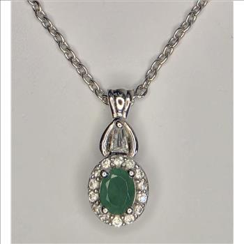 No Reserve Natural Emerald & Zircon Pendant & Chain Necklace