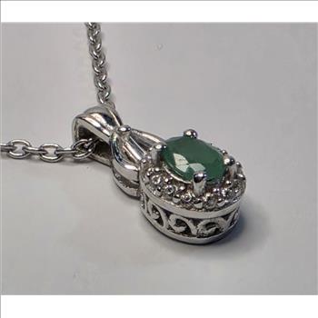 No Reserve Natural Emerald & Zircon Pendant & Chain Necklace