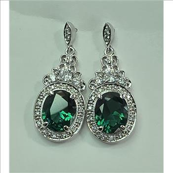 No Reserve Simulated Emerald & Diamond Dangle Earrings