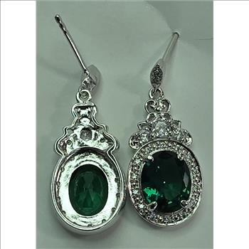 No Reserve Simulated Emerald & Diamond Dangle Earrings
