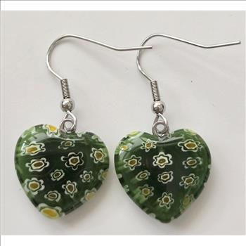 No Reserve Green Heart Millefiori Earrings