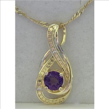 No Reserve Natural Amethyst & Diamond Pendant & Chain Necklace