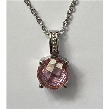 No Reserve Pink Topaz Checkboard Round Cut Pendant & Chain Neckkace