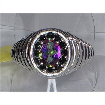 No Reserve  Natral Rainbiw Mystic Quartz & Black Spinel Ring Size 11